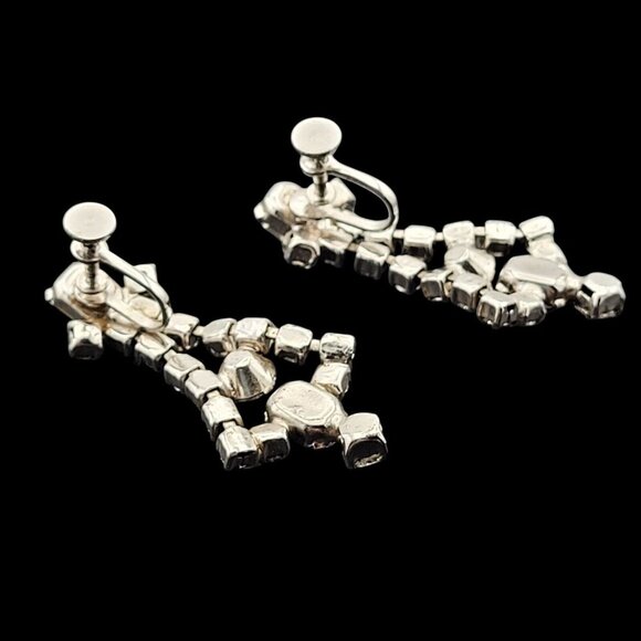 Vintage Rhinestone Screw-Back Earrings Bridal Jewelry Statement Silvertone 1950s - Picture 4 of 5